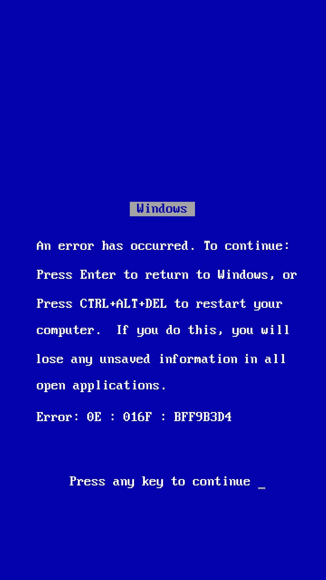 A computer screen with the message, on error occurred to continue - Windows 95