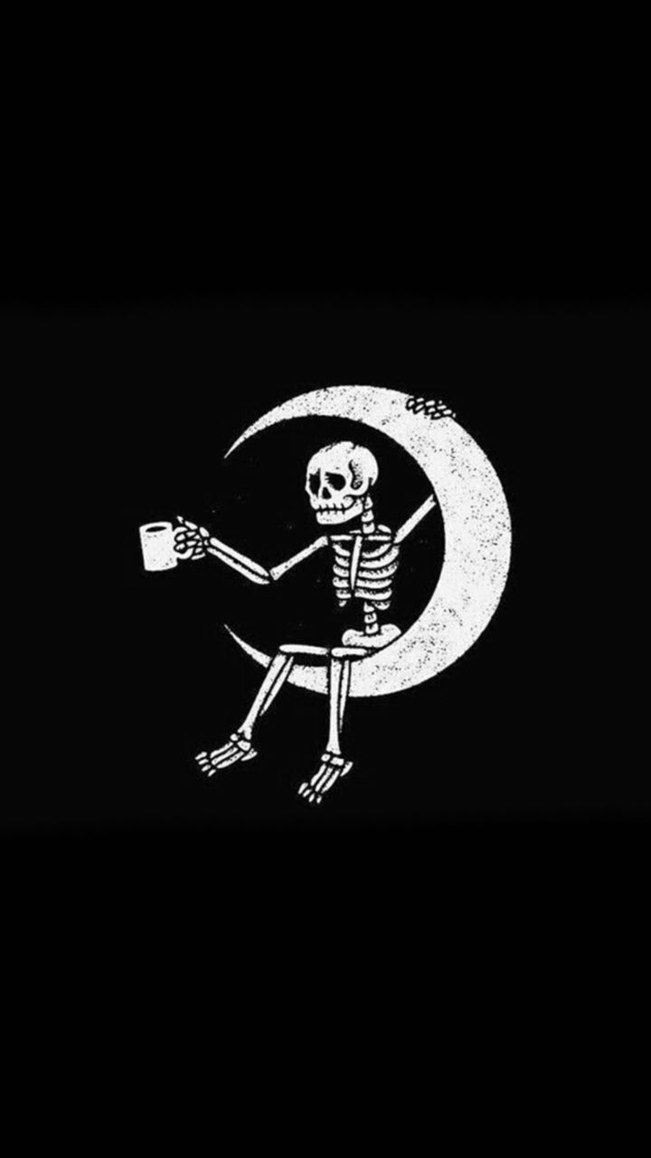 A skeleton sitting on a crescent moon holding a coffee mug. - Apple Watch