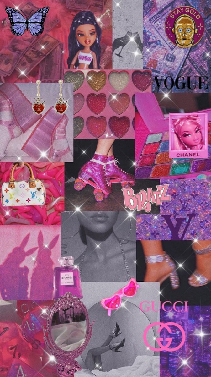 A collage of pictures with pink and purple - Y2K