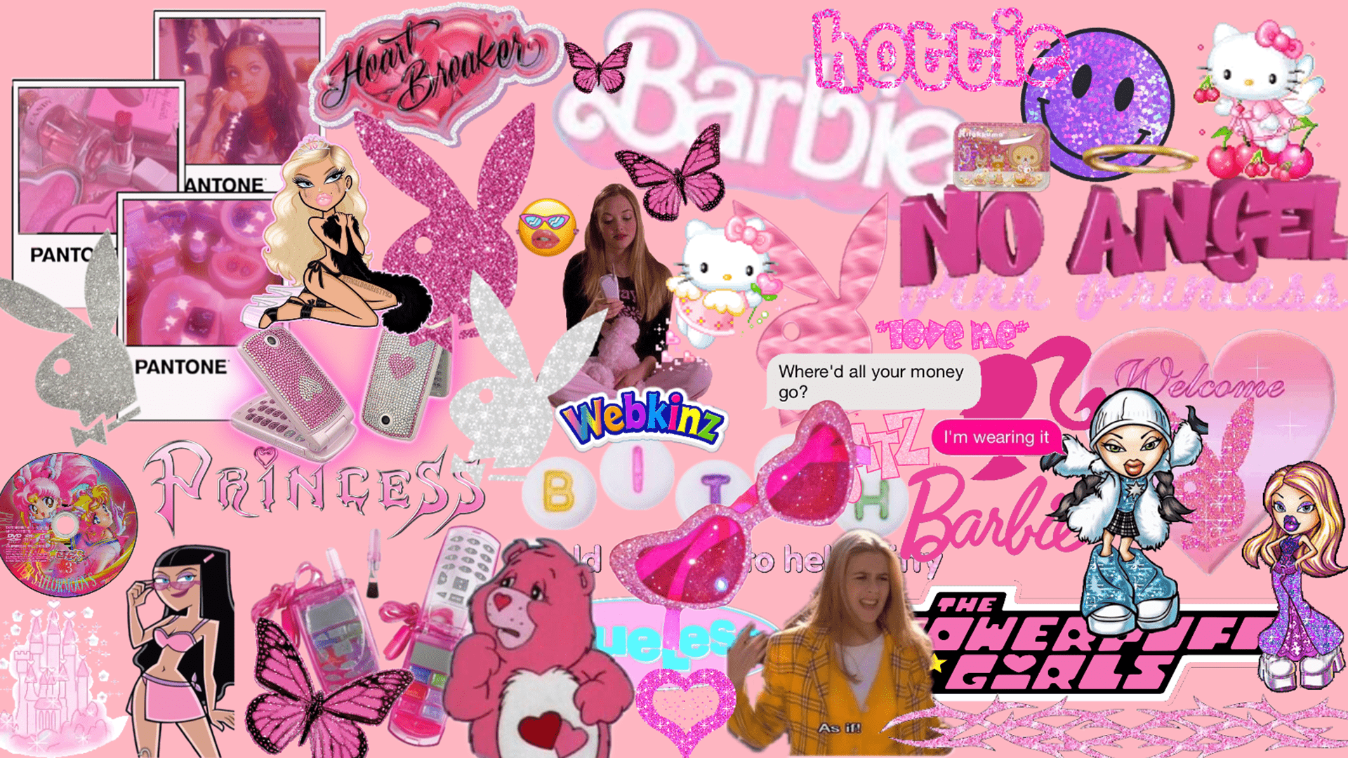 A collage of pink and purple images including barbie, care bears, and a t-shirt that says 