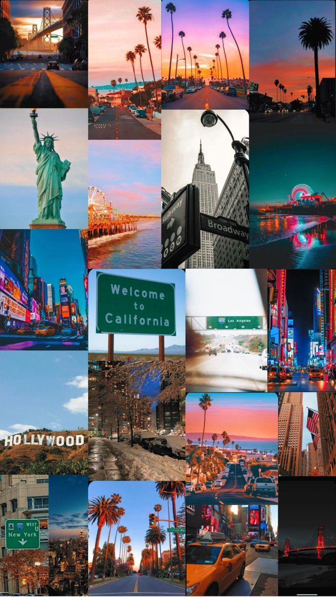 A collage of pictures showing different cities and landmarks - California