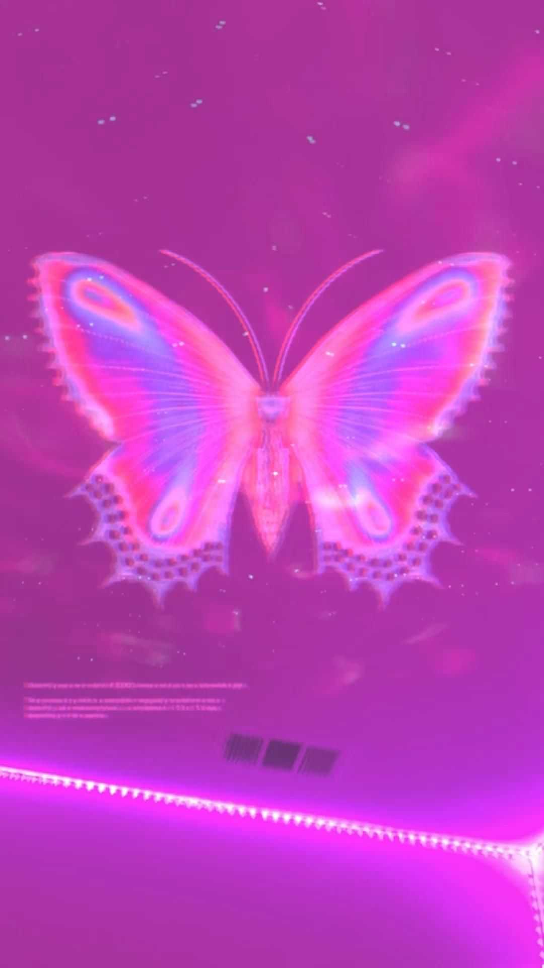 A pink butterfly is projected onto the ceiling - Y2K