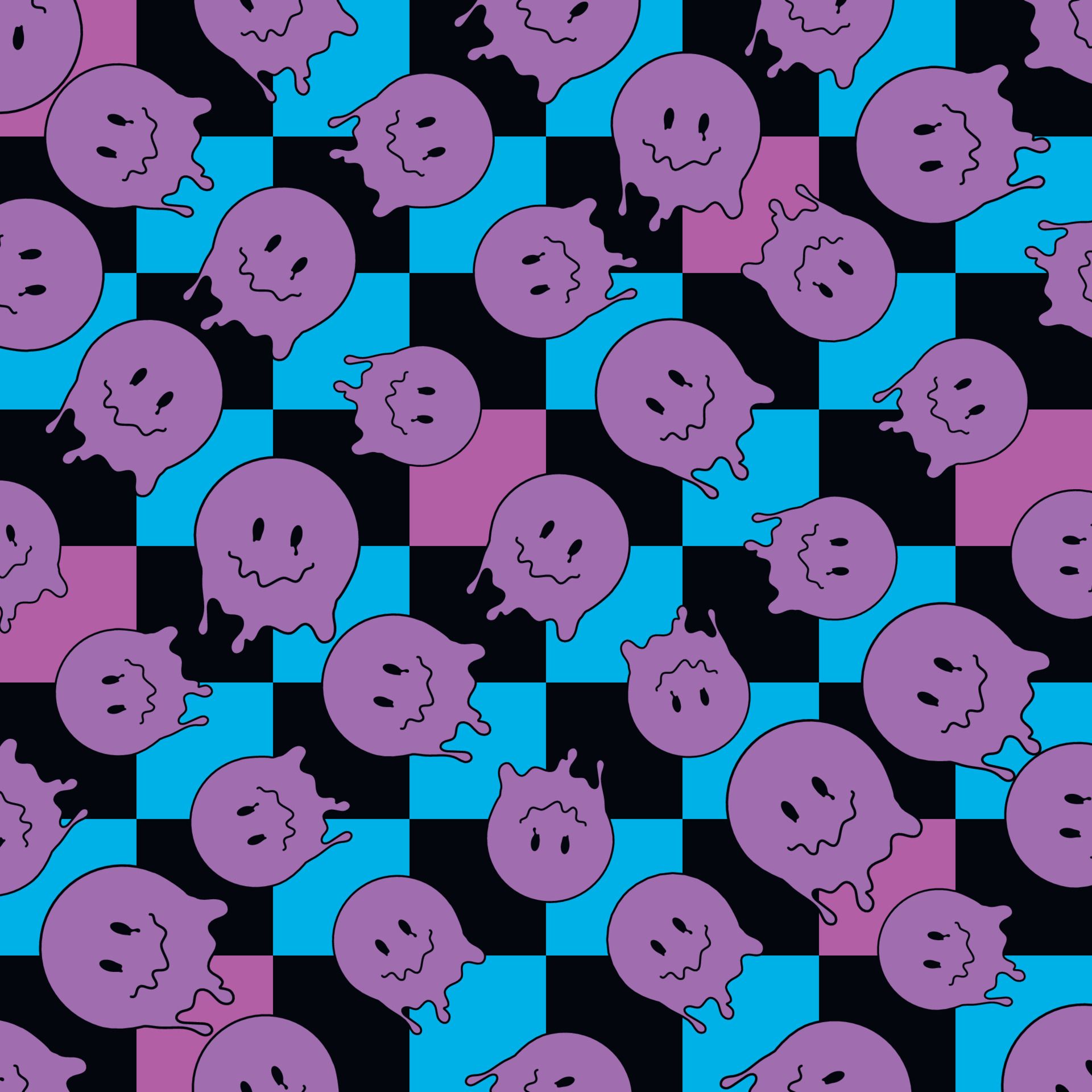 A pattern of melting purple ghosts on a black and blue checkered background. - Y2K, trippy, funny
