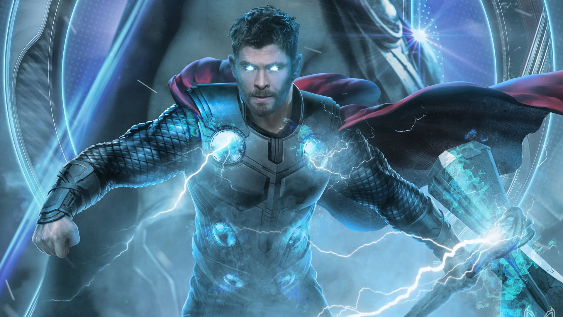 Thor, with a goatee, stands in a suit of armor with lightning emanating from his hands and his chest. - Thor