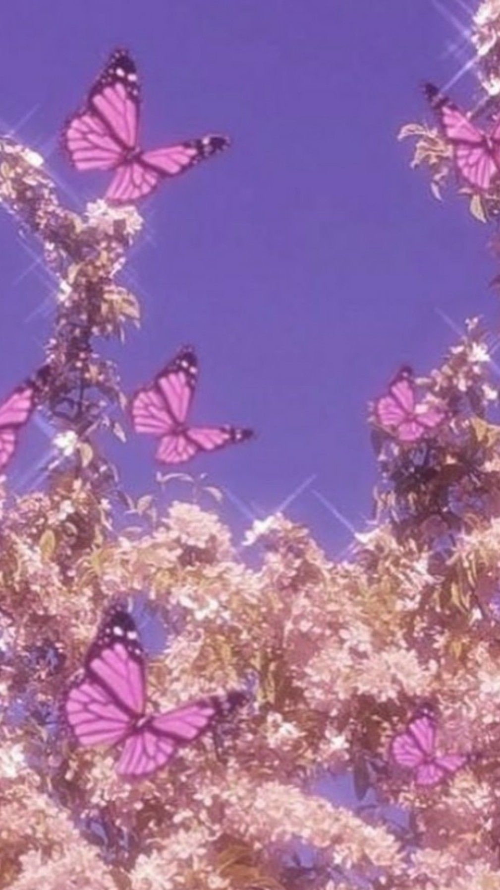 Aesthetic wallpaper with butterflies, flowers and a blue sky - Y2K