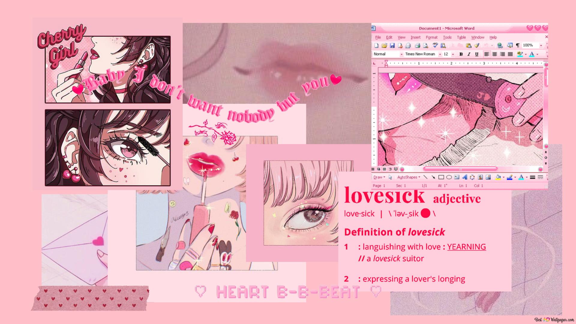 A computer screen with pink and white graphics - 1920x1080, Y2K, anime, pink anime, love, cherry