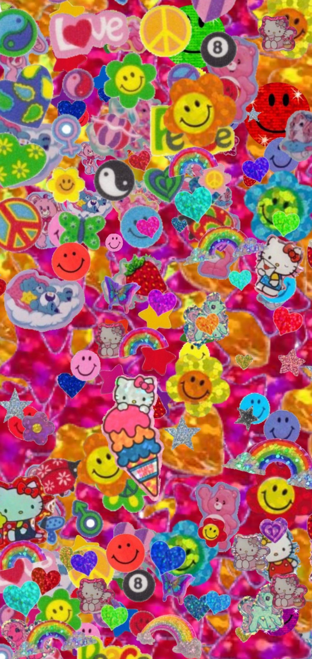 A colorful image with many different cartoon characters and symbols - Y2K