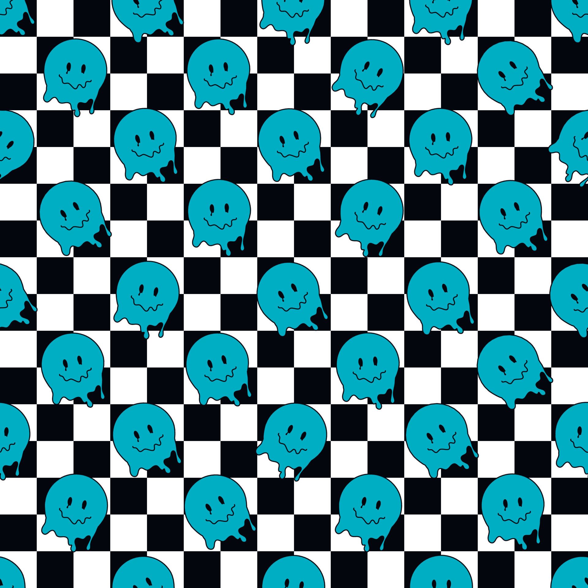 A pattern of blue and black checkered squares with smiling faces - Y2K, smile, funny
