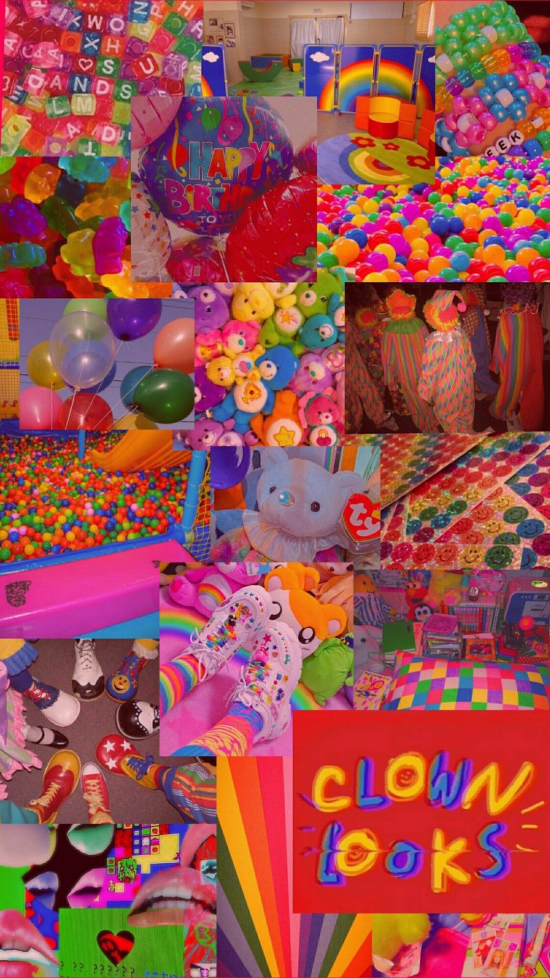 Aesthetic background with images of a room filled with balloons, a rainbow, and a sign that says 