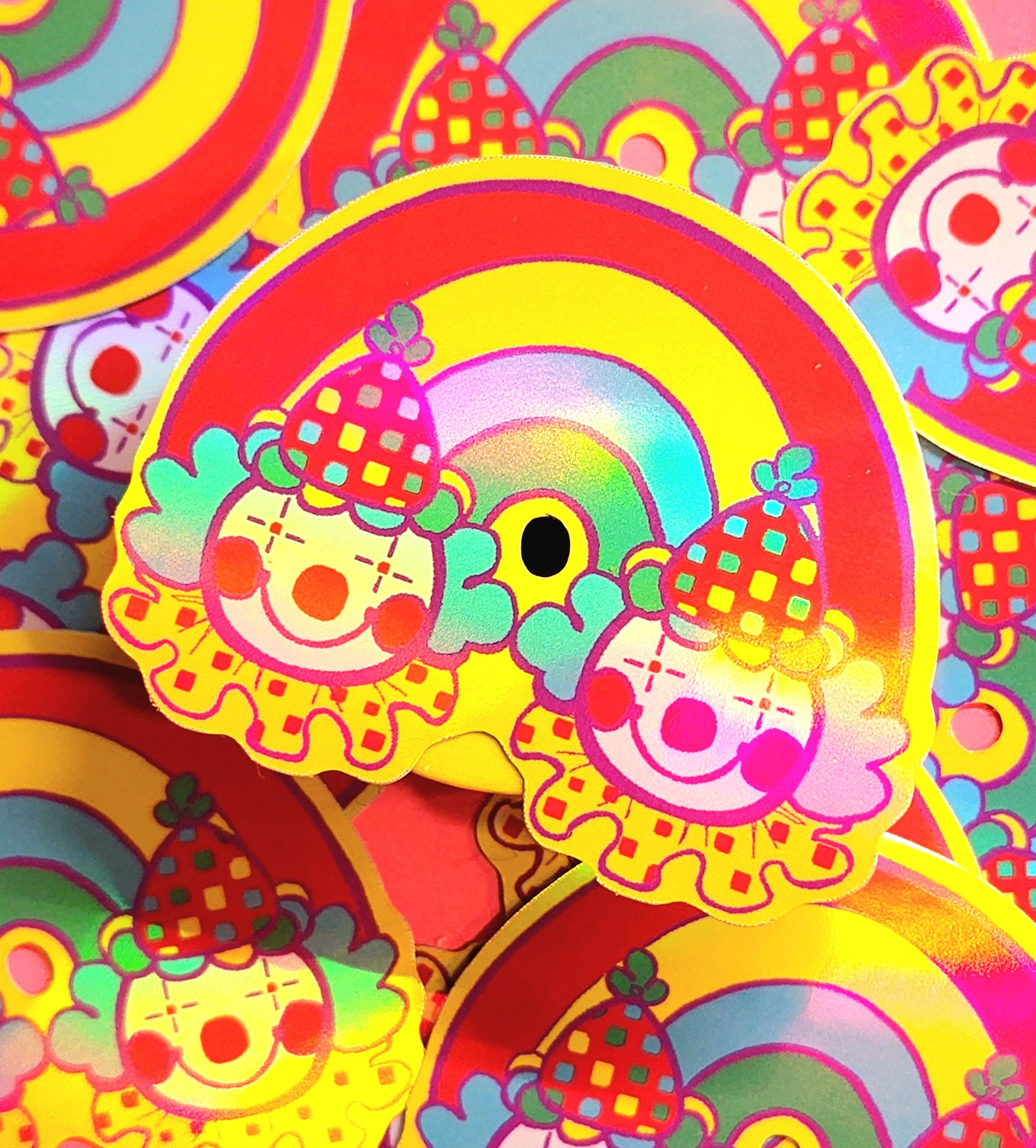 A pile of colorful stickers with clowns on them. - Clowncore
