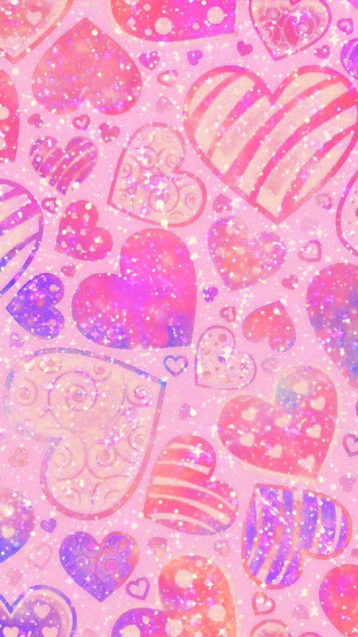Girly wallpaper with hearts and glitter on a pink background - Y2K