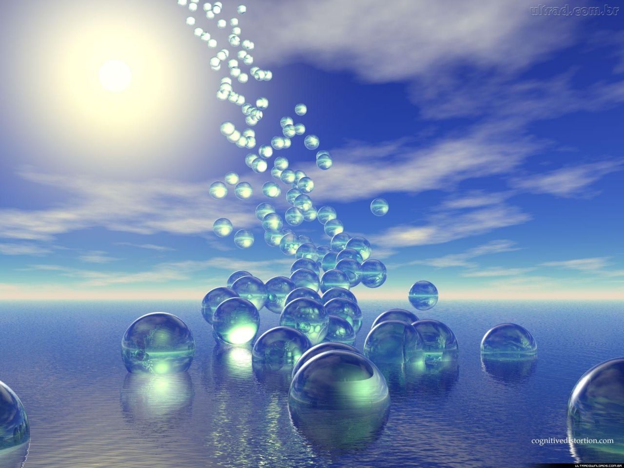 Blue glass spheres floating in the ocean with the sun in the background - Y2K