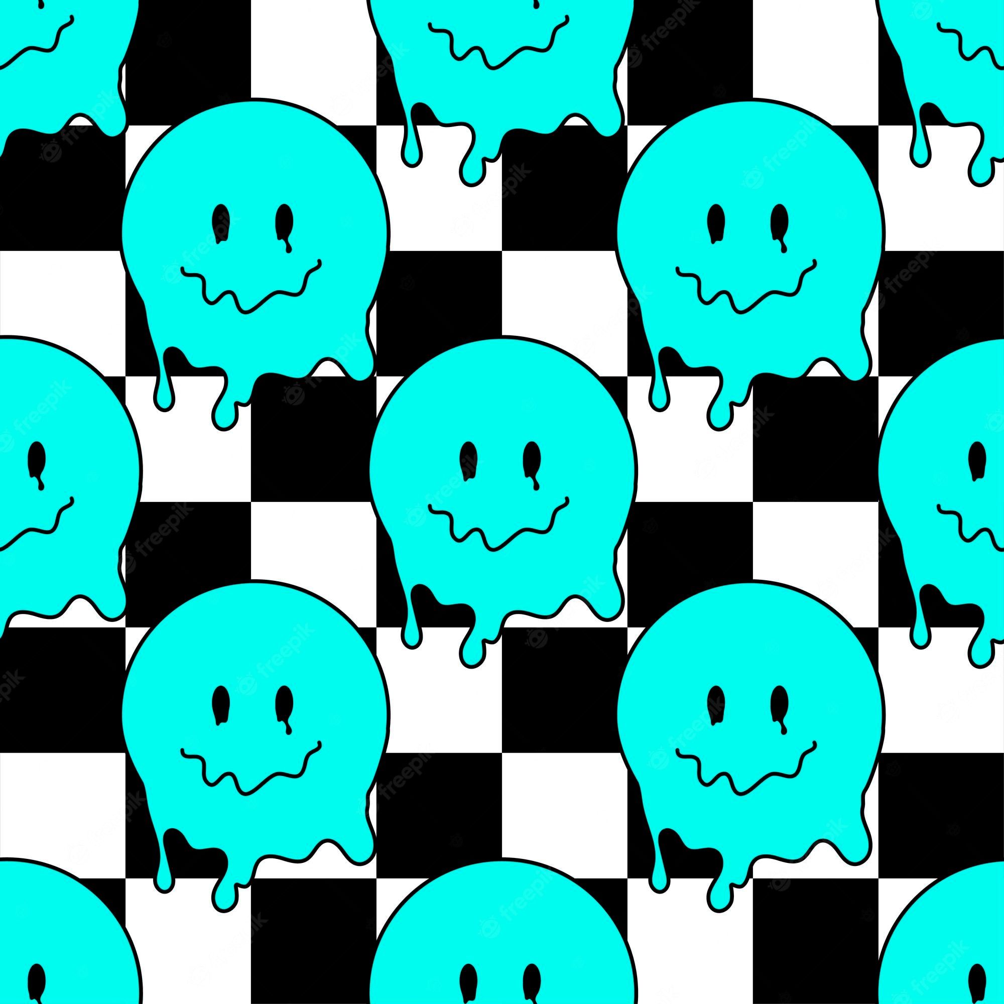A seamless pattern of melting blue ghosts on a black and white checkered background - Smile, Y2K, 2000s, funny