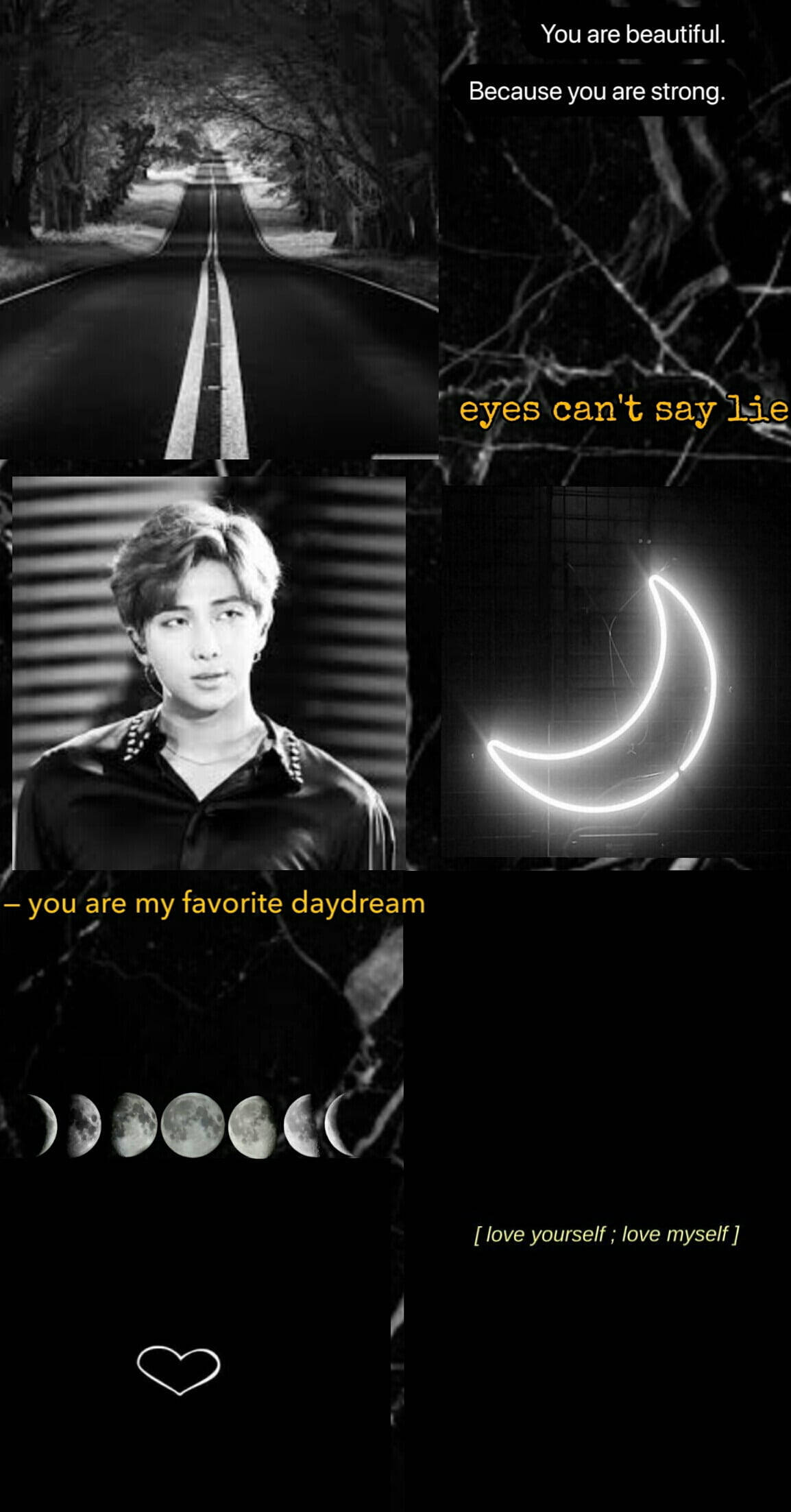 Black and white aesthetic wallpaper with quotes and images of bts, the moon, and a road - Black