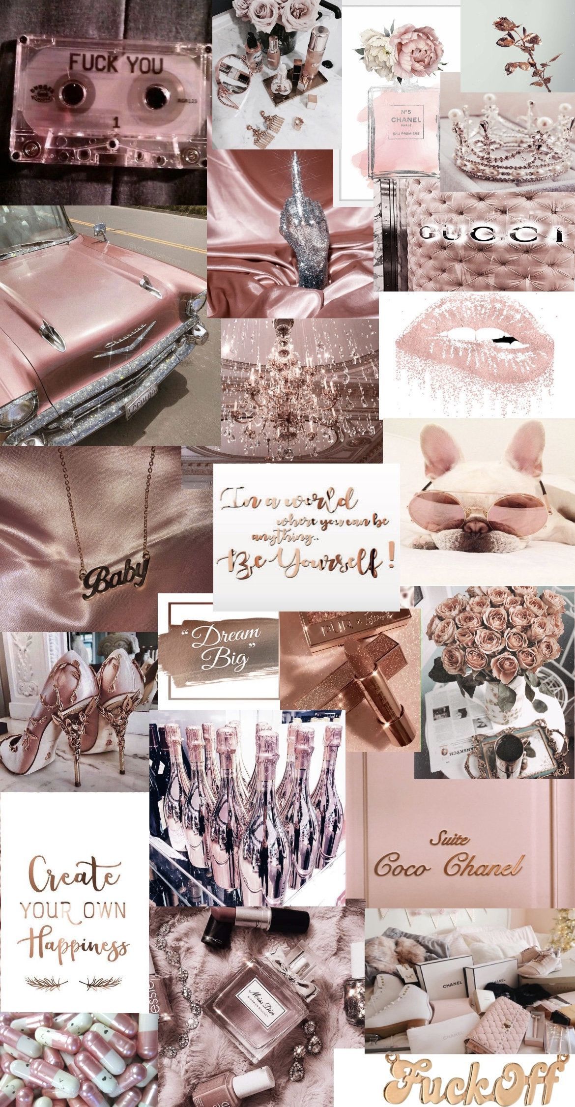 Aesthetic collage of rose gold and pink photos with inspirational quotes - Rose gold, chocolate, roses