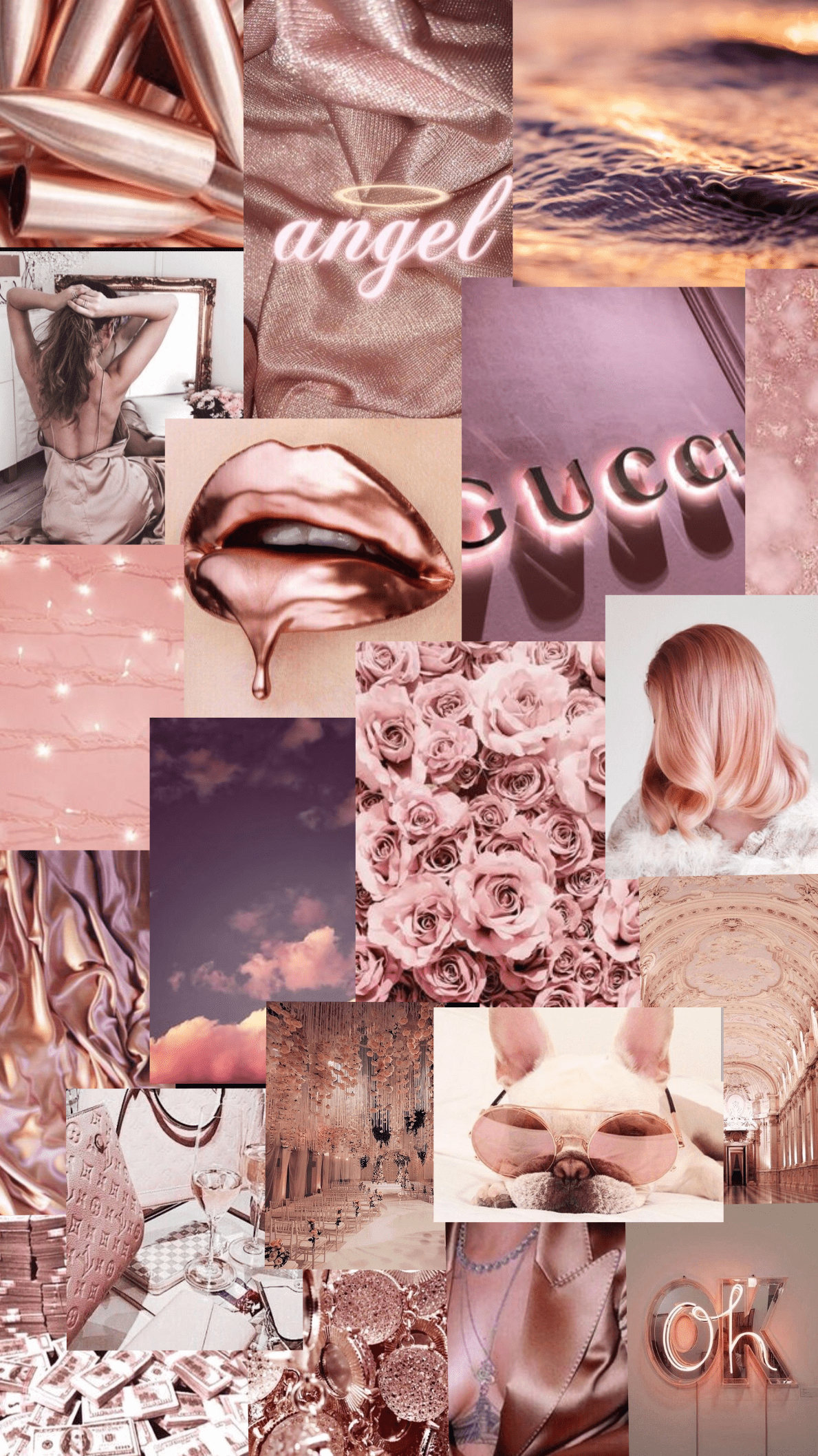 A collage of pictures with the words angel and pink - Rose gold, Gucci, gold, roses, Los Angeles