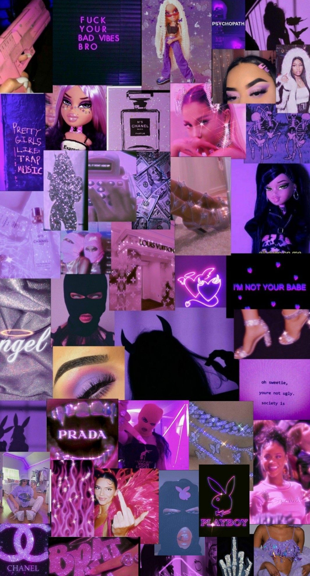 Aesthetic purple collage background with Ariana Grande, Chola, and a pink and black cat. - Baddie