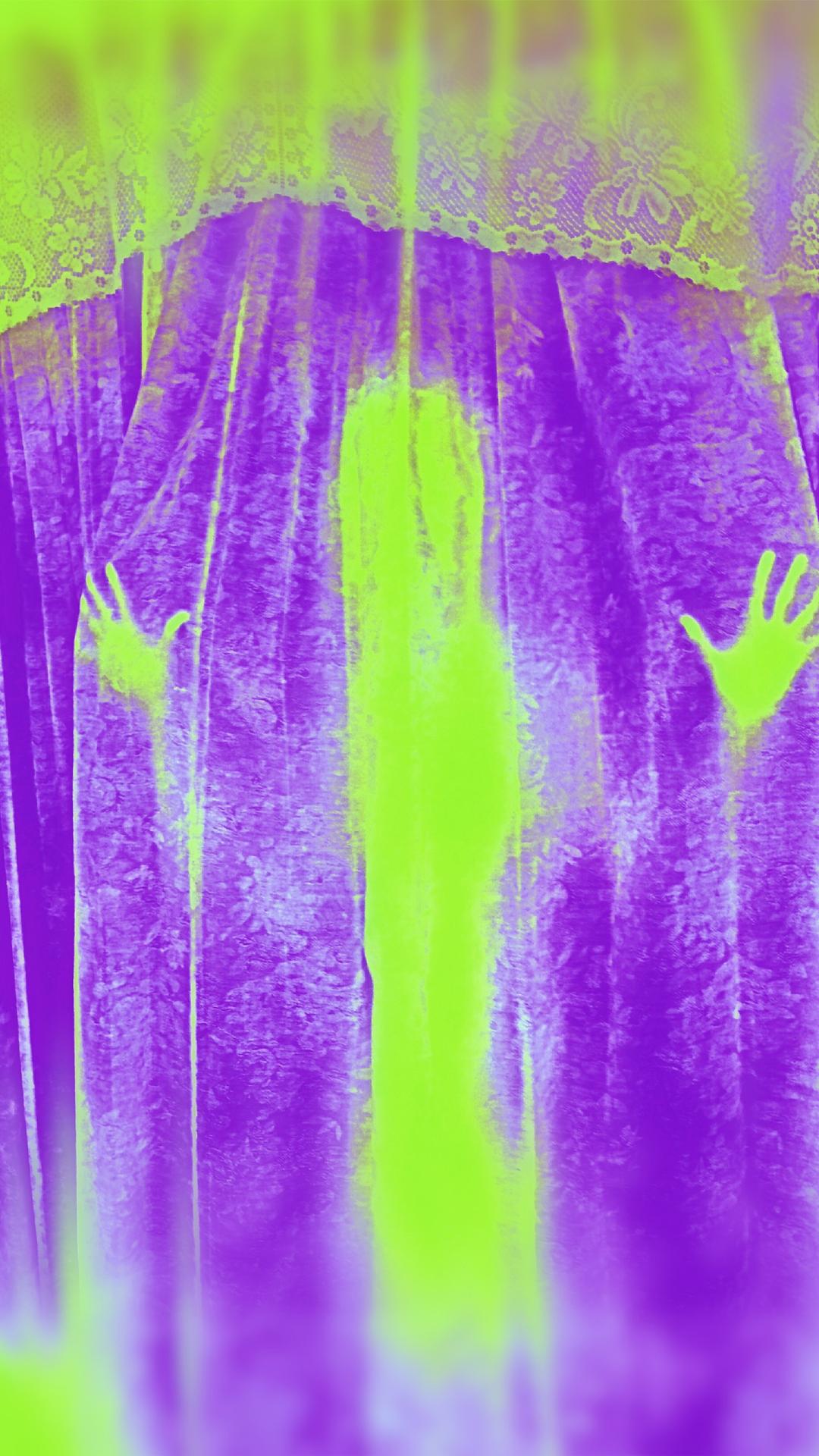 IPhone wallpaper with a purple and green ghostly figure behind a lace curtain - Baddie