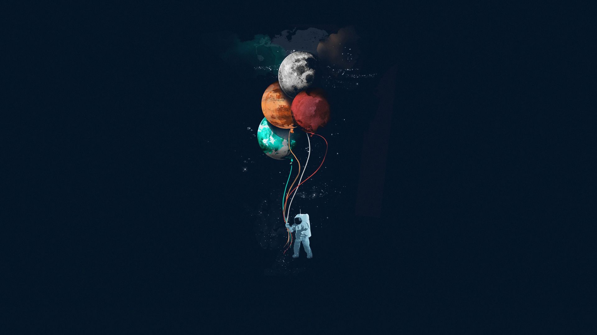 Astronaut, planets, balloons, dark background, creative, art, universe, space, planet, creative, wallpaper, dark background, creative, art, universe, space, planet - Space, astronaut