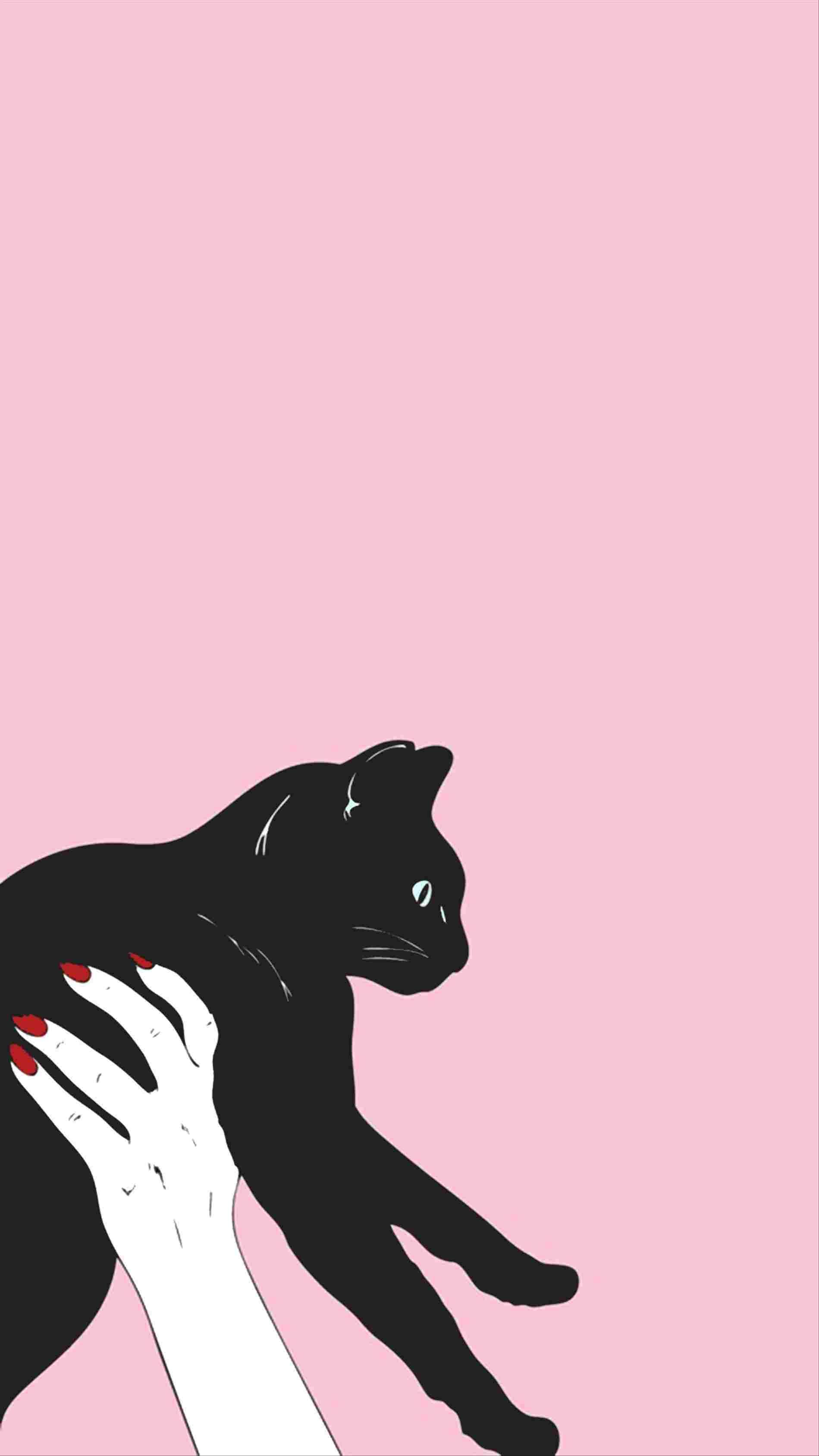 A black cat is being held by a pair of hands with red nail polish. - Cat