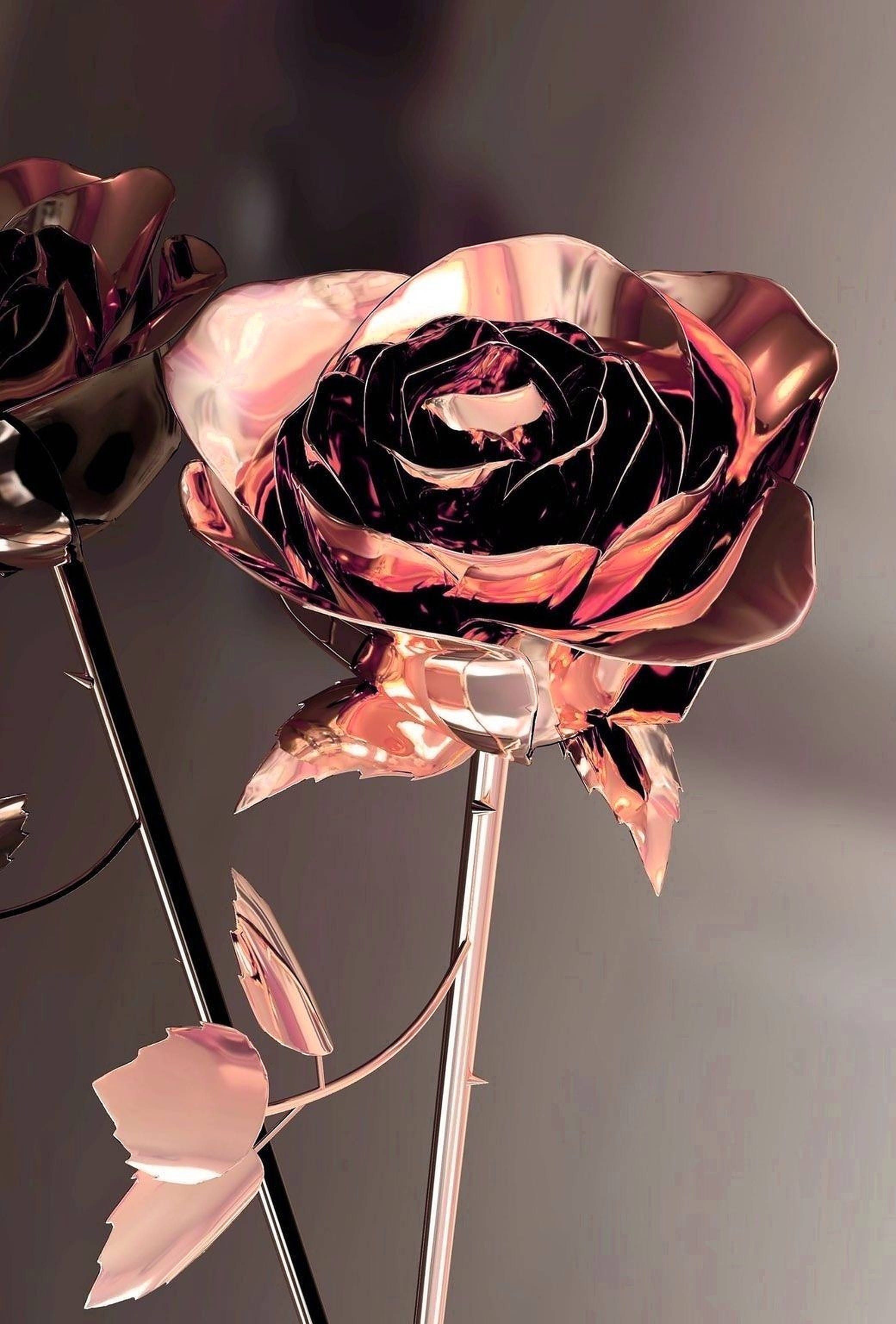 A close up of two roses on stems - Rose gold, gold, roses