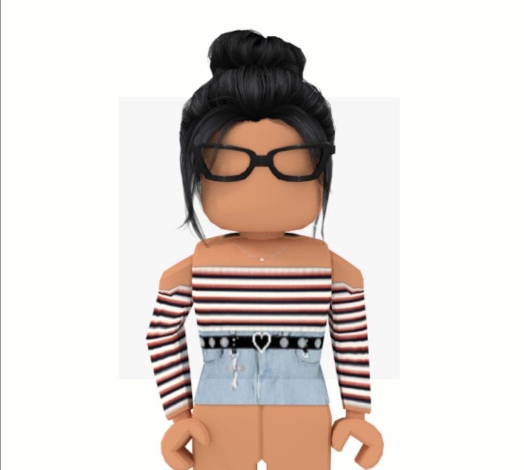 A Roblox avatar dressed in a striped crop top and denim shorts - Roblox