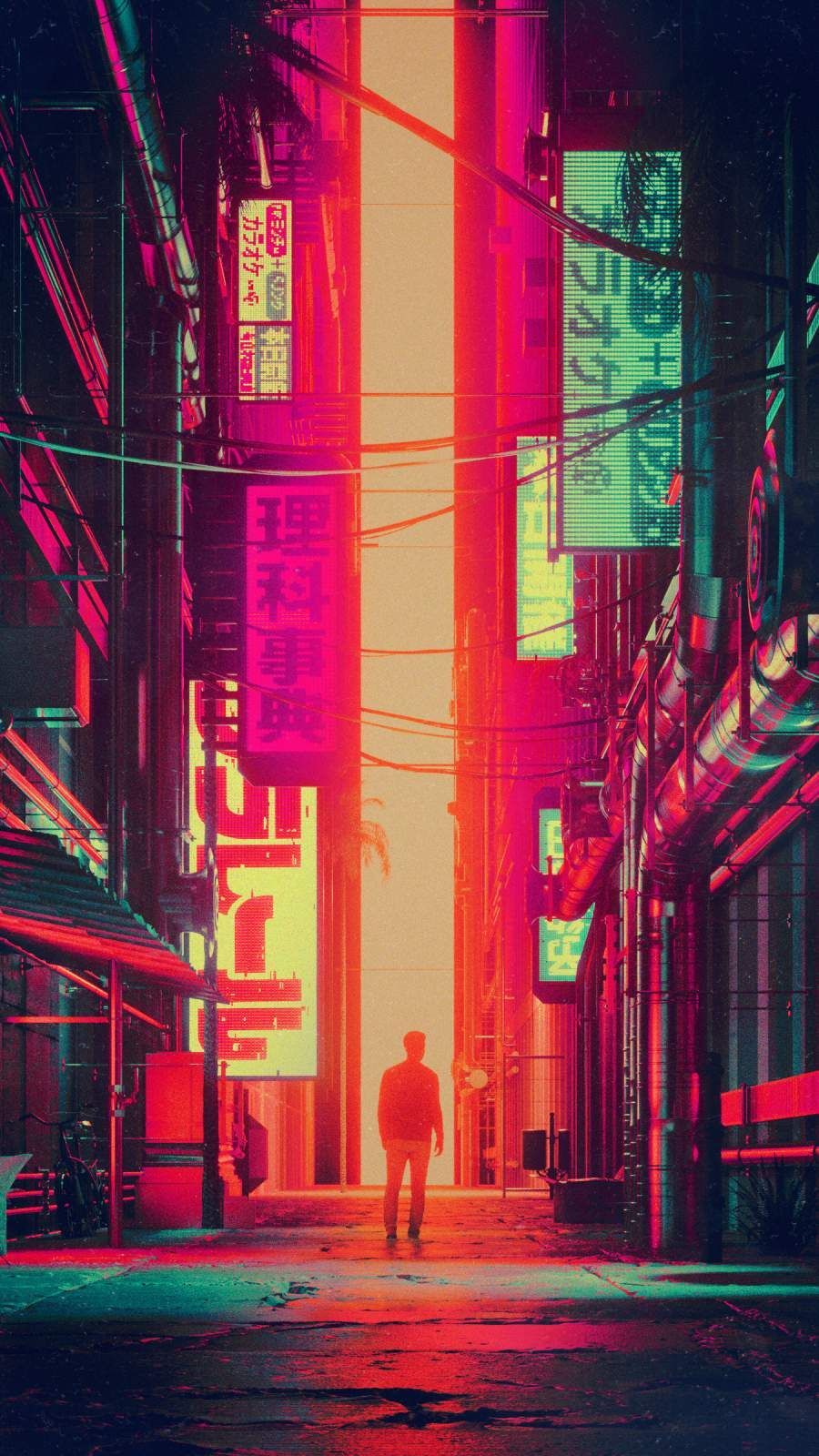 A man walking in a neon lit street - Cyberpunk