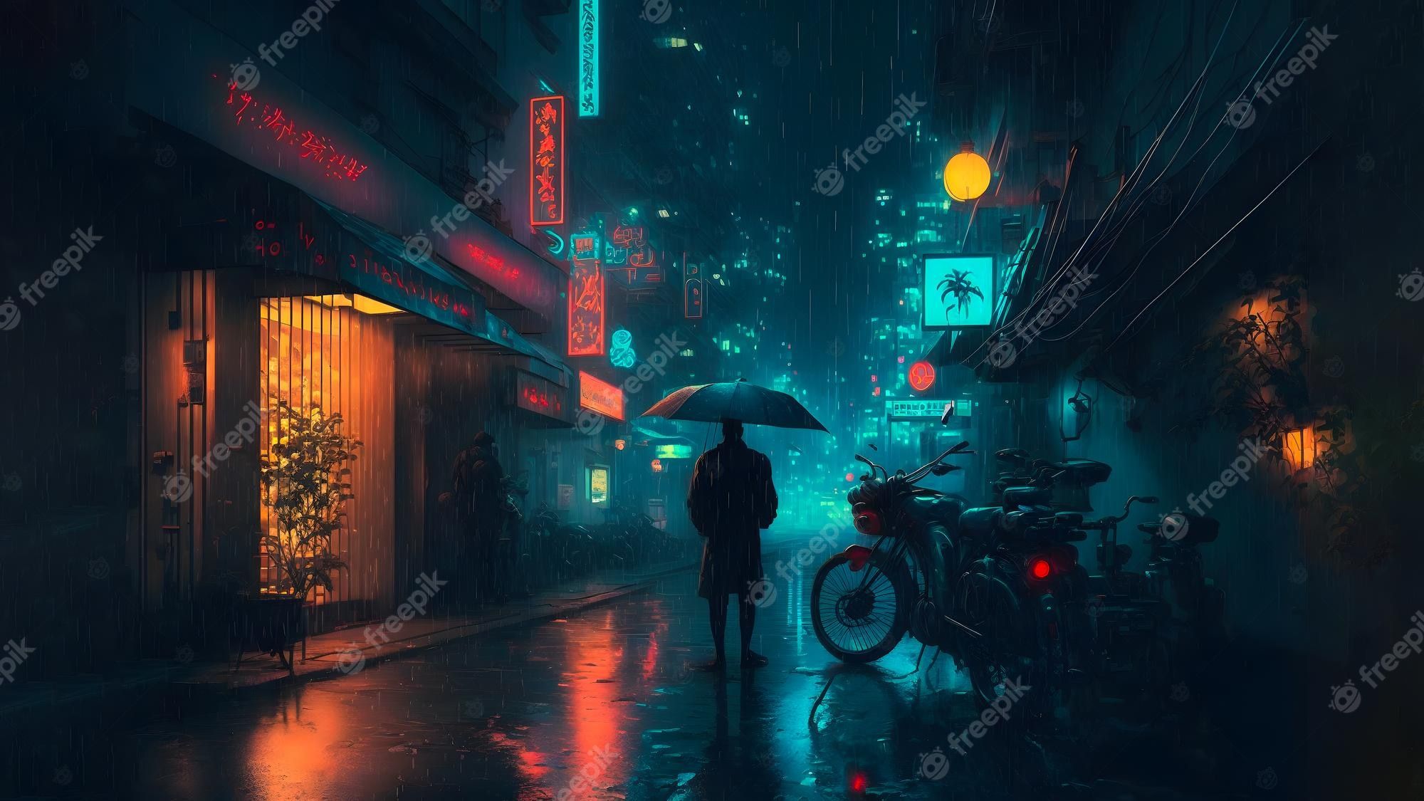 Digital art of a man walking in the rain with an umbrella - Cyberpunk