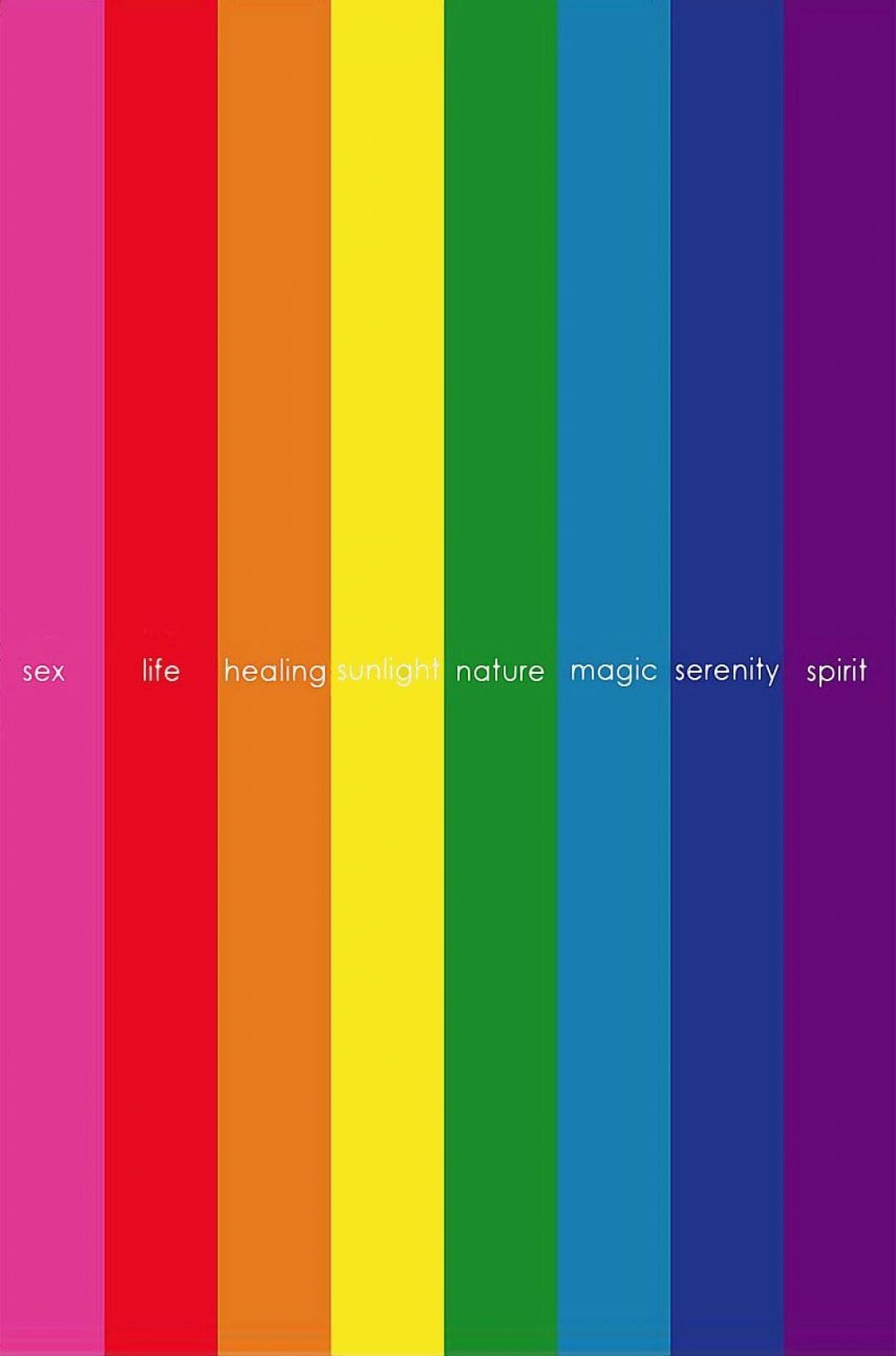 Rainbow wallpaper with the words sex, life, healing, sunlight, nature, magic, serenity, and spirit. - Pride, pansexual, LGBT