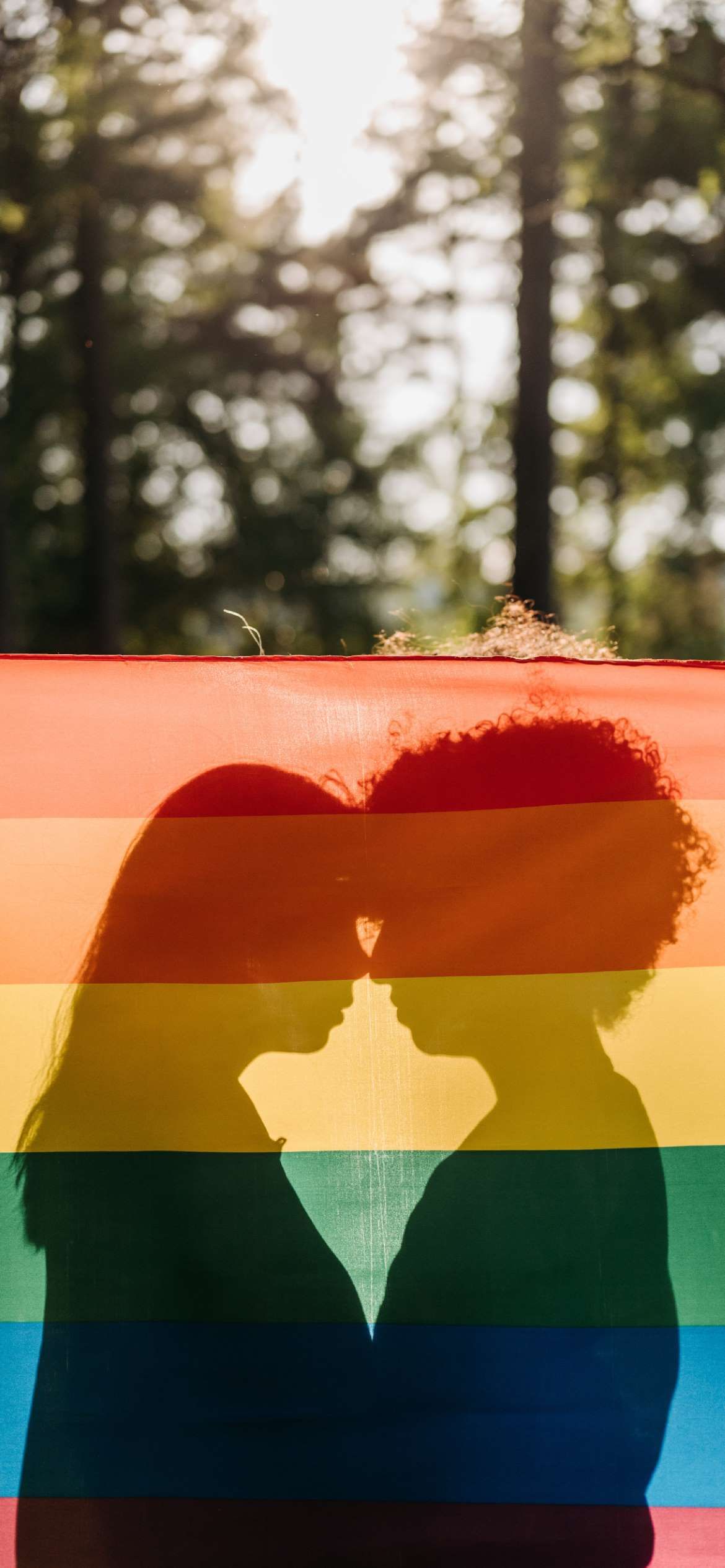 A rainbow flag is being held up by two people - Pride