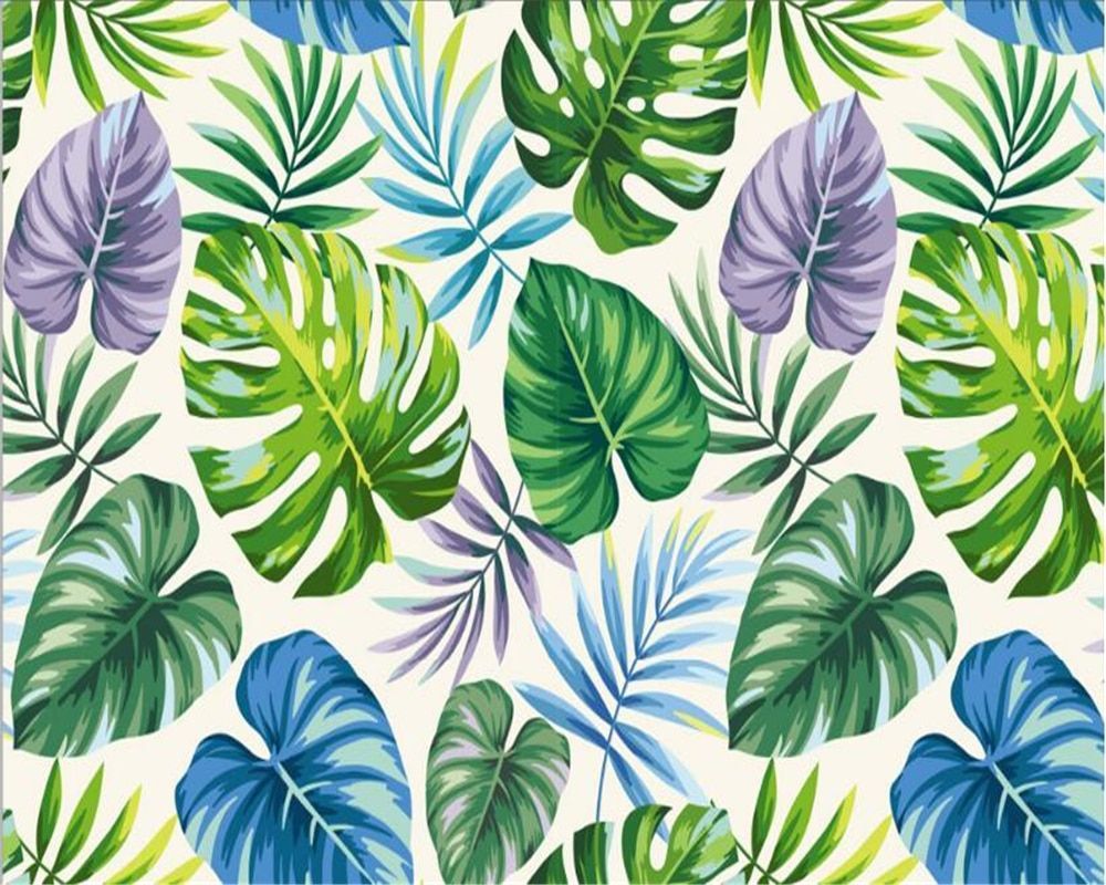 A tropical leaf pattern in blue, green and purple - Leaves