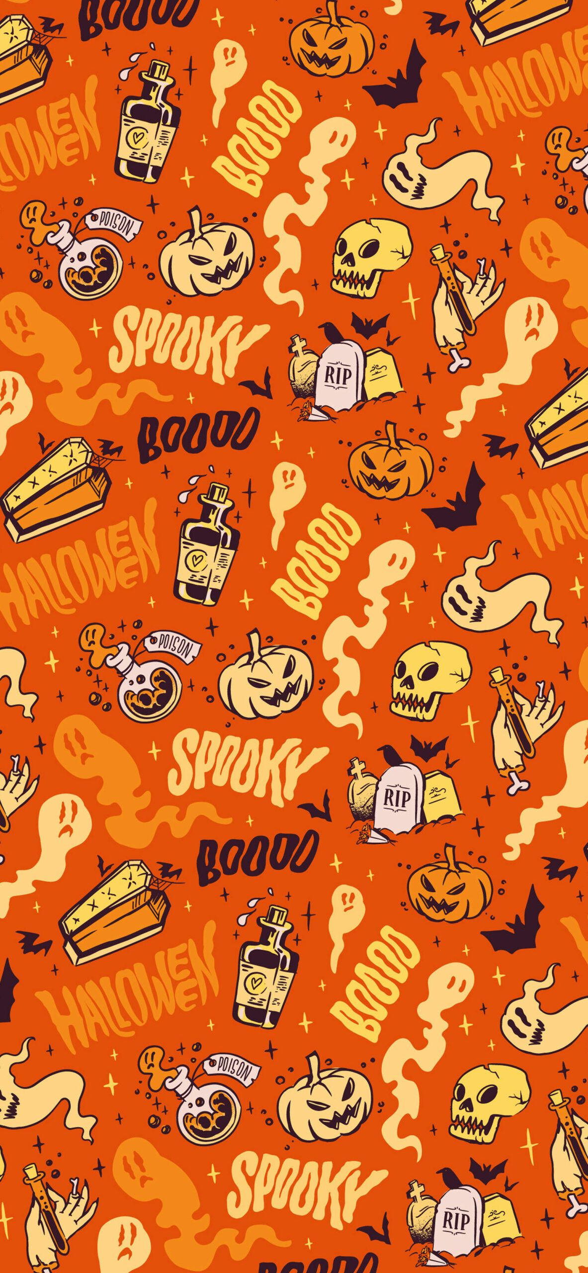 Halloween iPhone wallpaper with pumpkins, ghosts, bats, and coffins. - Blood