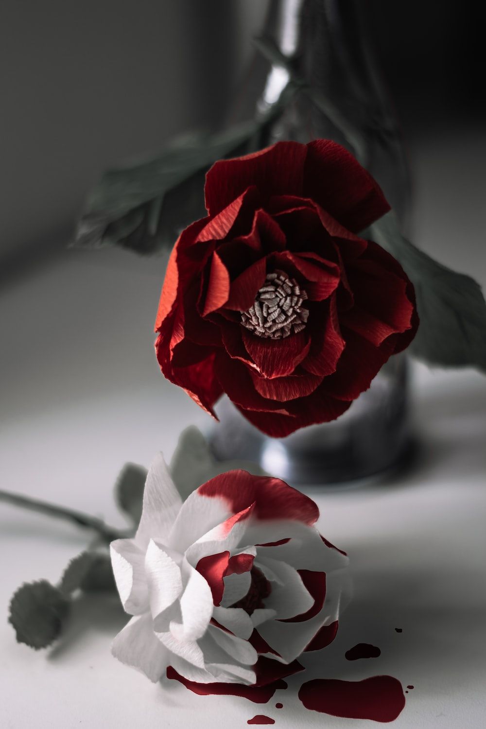 A red and white paper rose on a table. - Blood