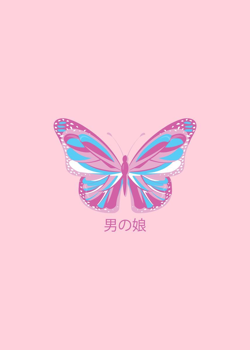 A butterfly on pink background with japanese text - Gay