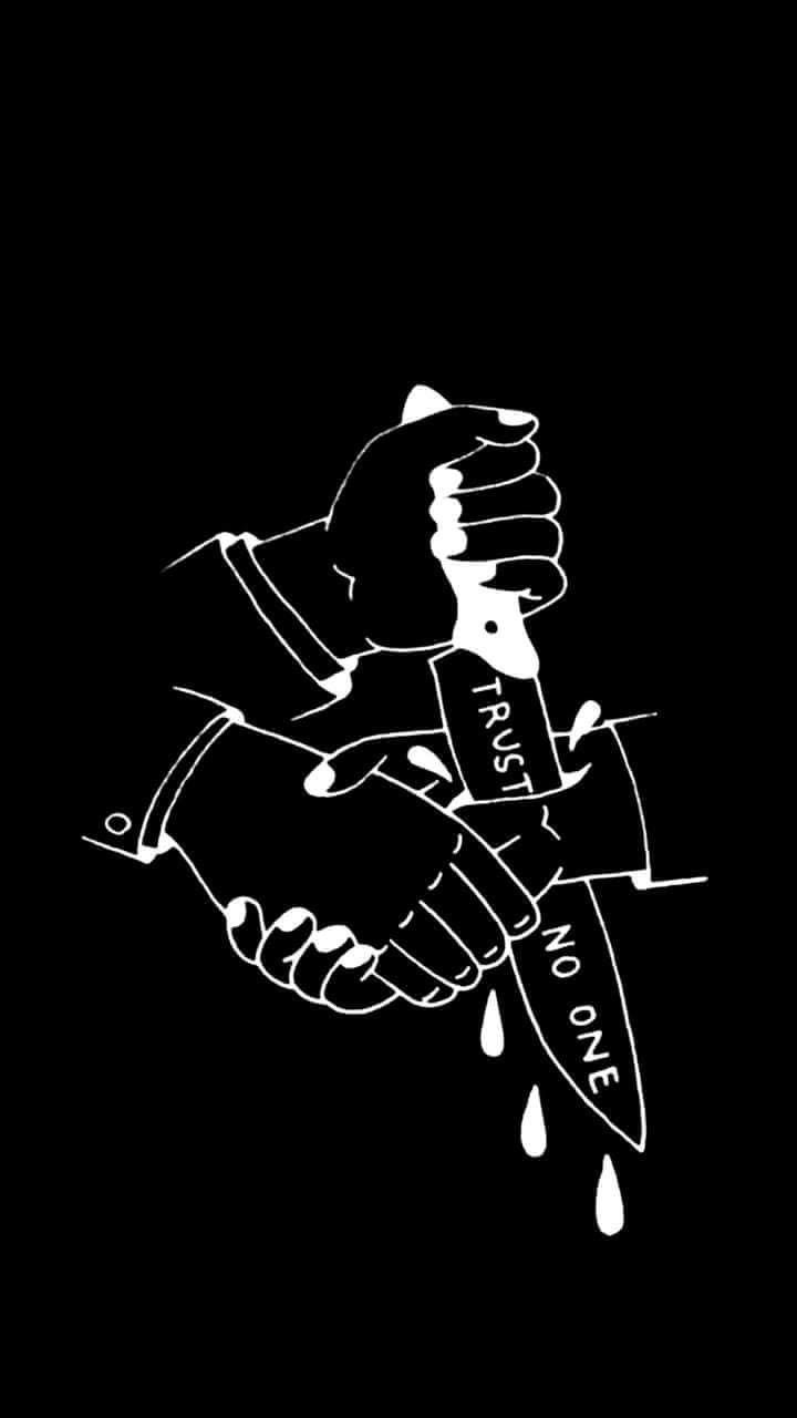 Black and white aesthetic wallpaper of a hand holding a knife with the words 