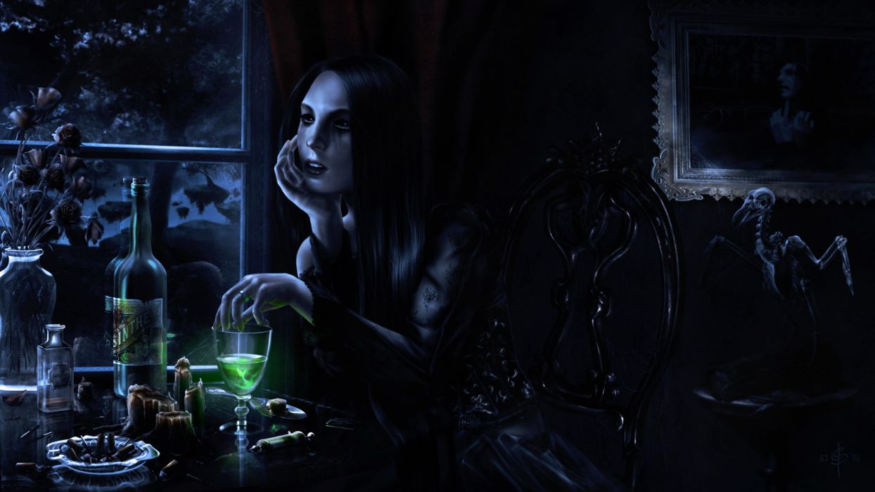 A woman sitting at the table with green liquid - Gothic, vampire