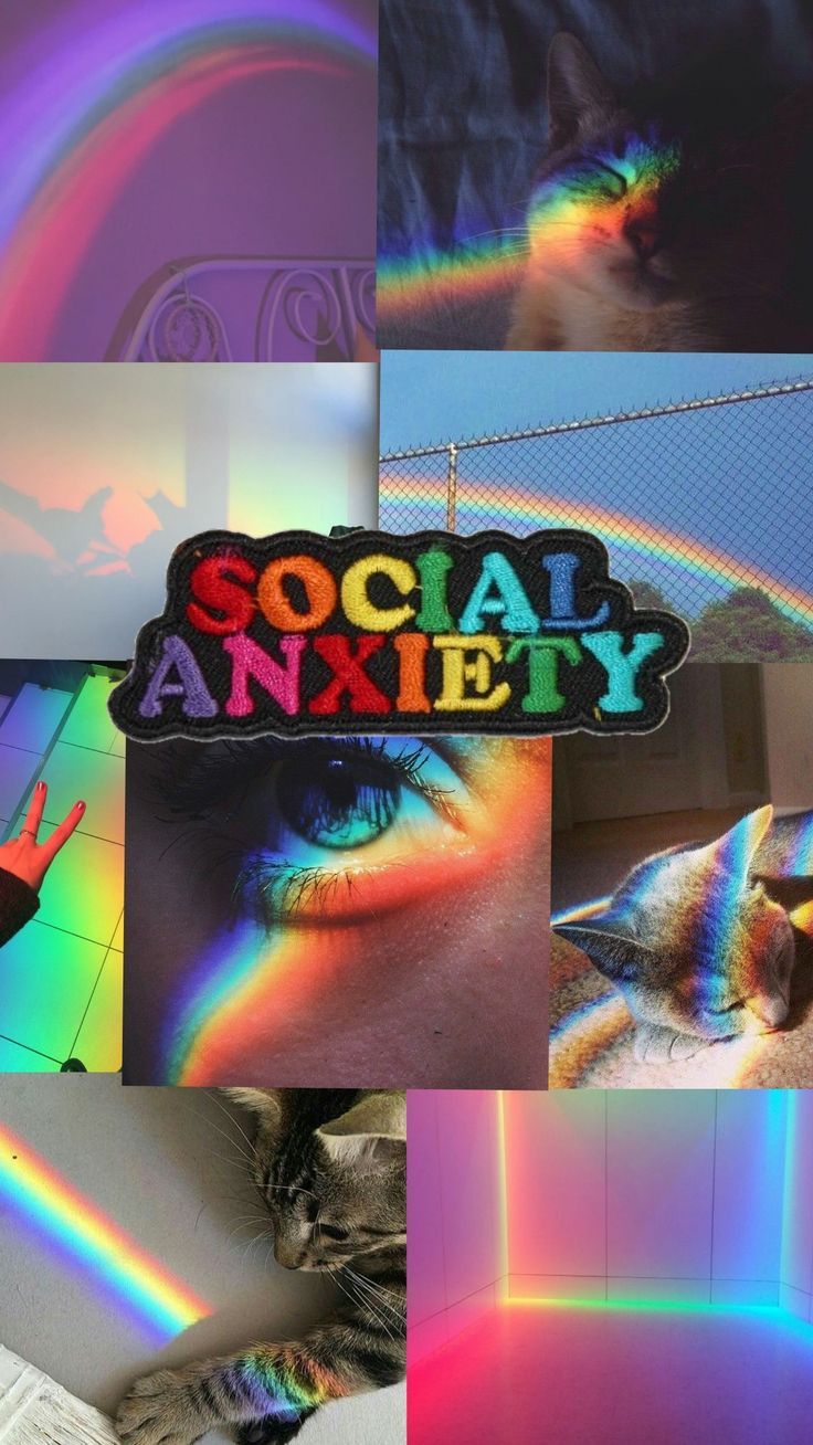 A collage of images including a rainbow, a cat, and the words social anxiety - Rainbows, colorful