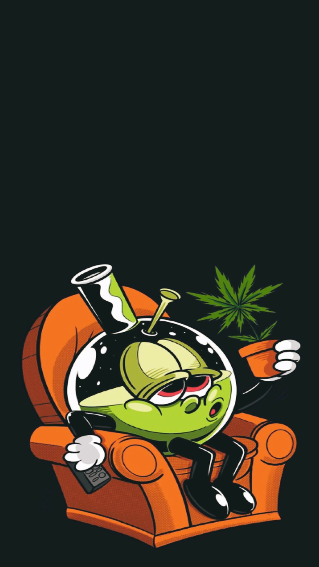 A cartoon drawing of a green alien sitting in a chair smoking a pipe and holding a cellphone - Weed