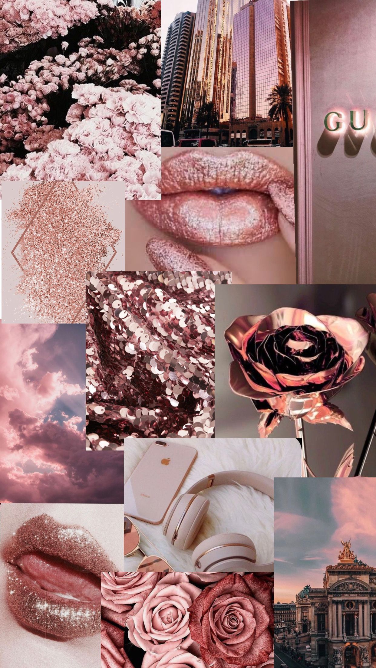 A collage of pictures with pink and red - Rose gold