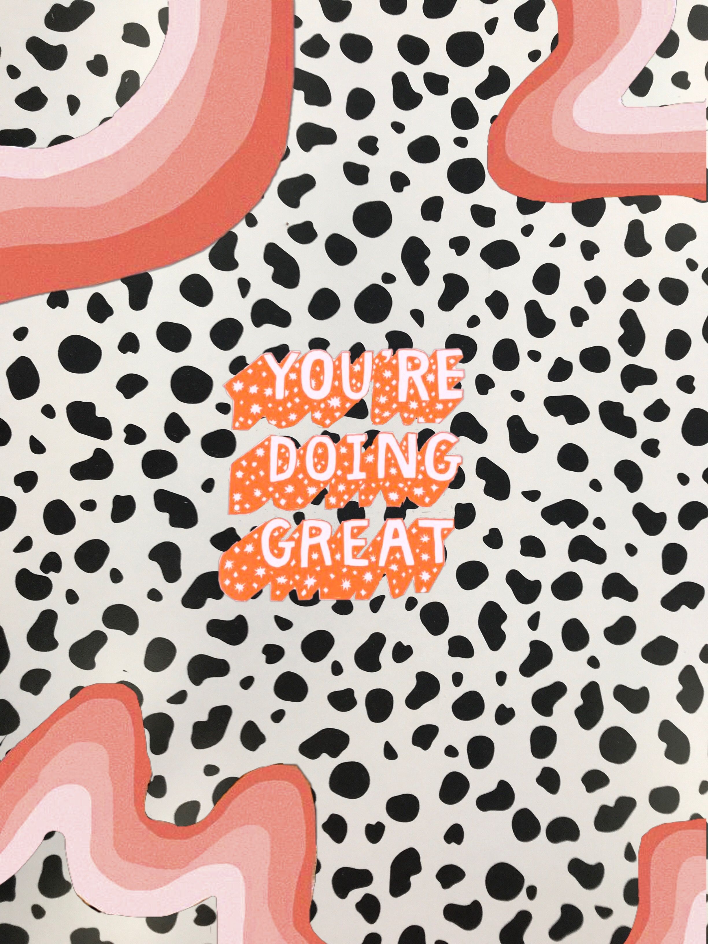 A black and white spotted background with coral and black squiggles. Text in coral reads 