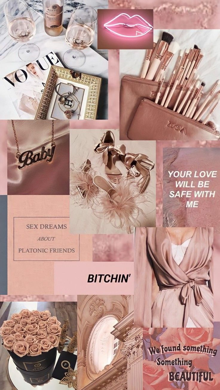 A collage of pink and gold items - Rose gold