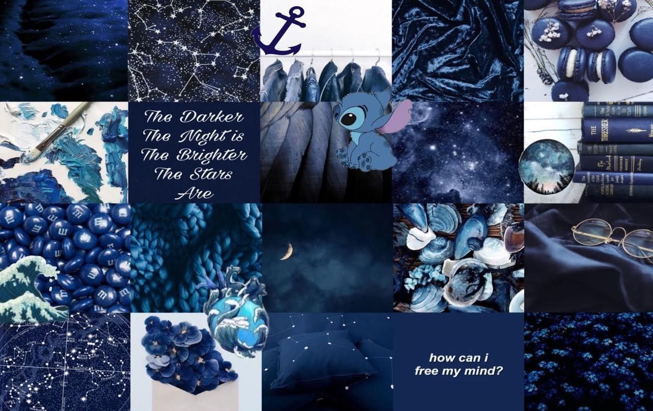 A collage of blue and black aesthetic pictures. - Blue, navy blue, silver, dark blue, laptop