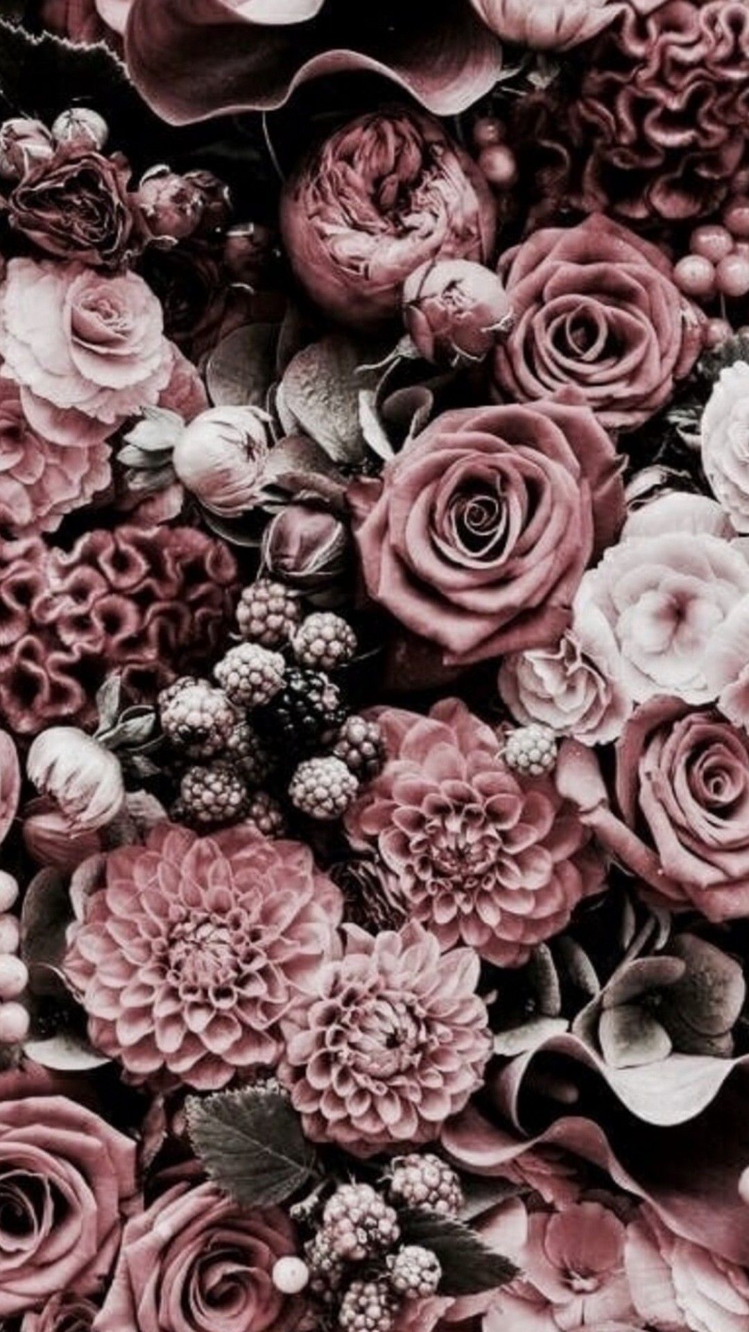 A bouquet of pink flowers, including roses and peonies, fill the image. The aesthetic is moody and romantic. - Rose gold, roses, garden
