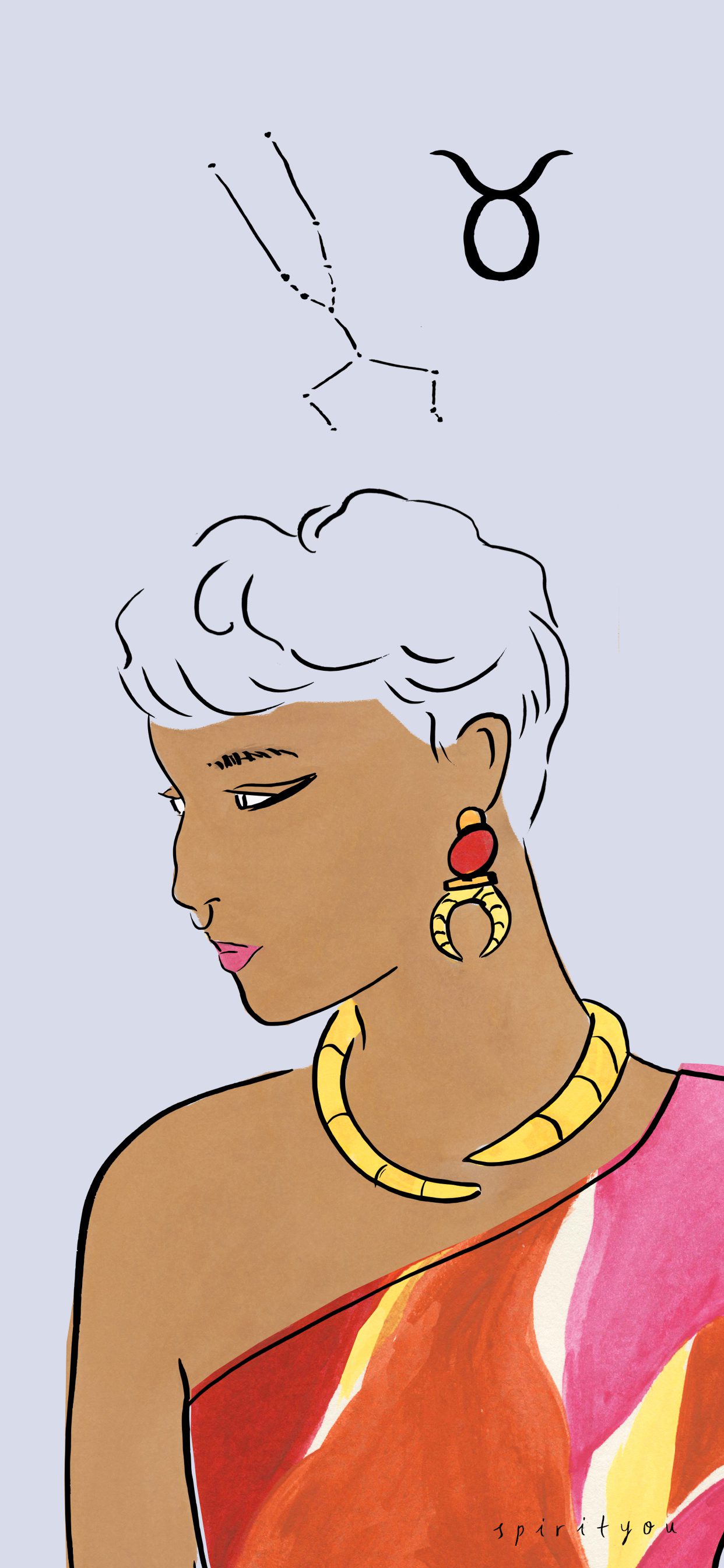 An illustration of a woman with grey hair and a gold necklace. - Taurus