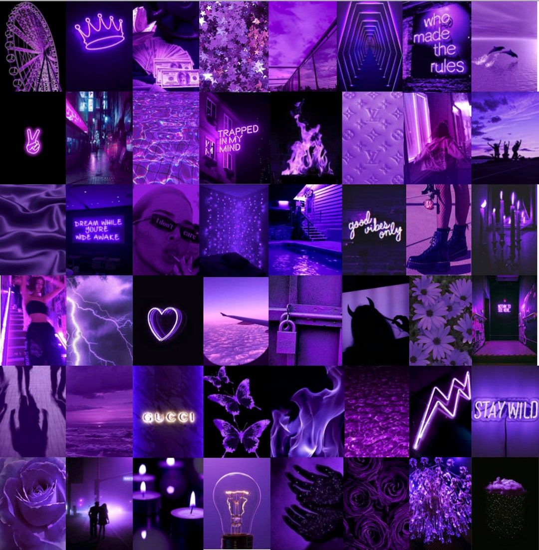 Aesthetic collage purple background for phone or desktop. - Neon purple