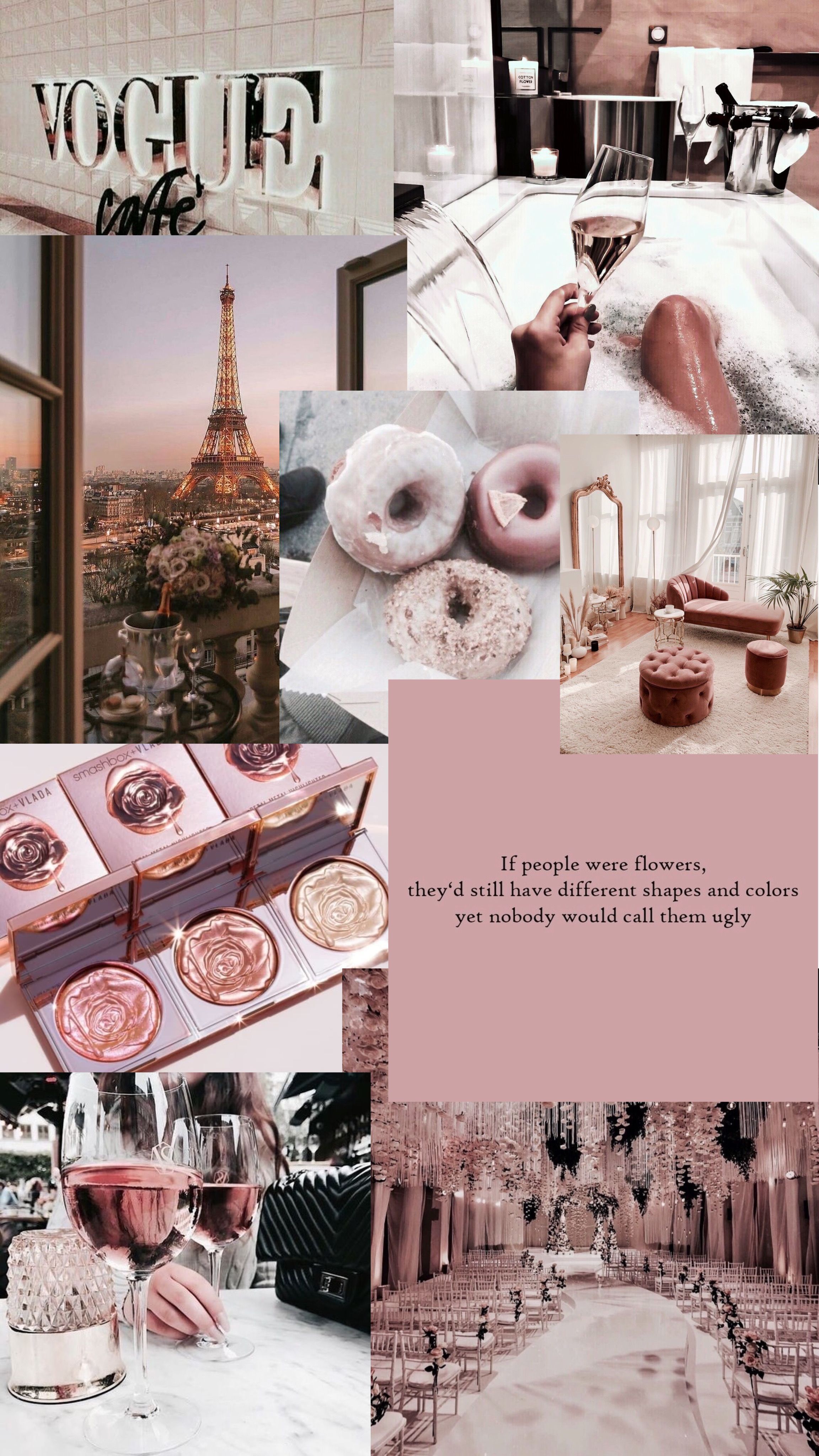 Aesthetic collage of pink and rose gold images including donuts, the Eiffel Tower, and Vogue magazine. - Rose gold
