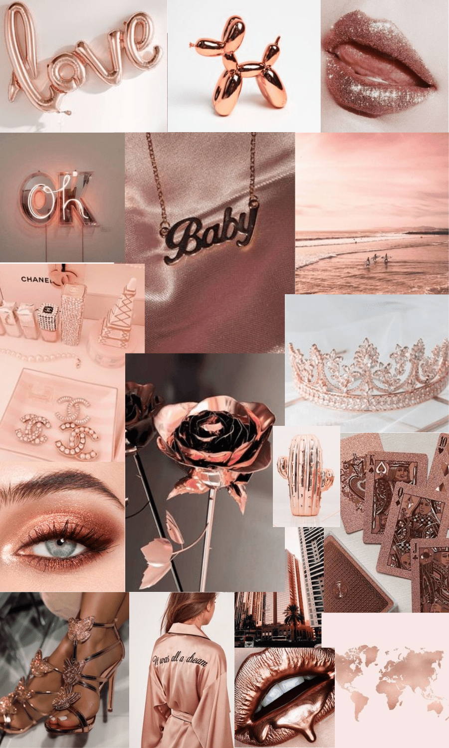 Aesthetic background with rose gold elements and a collage of photos. - Rose gold