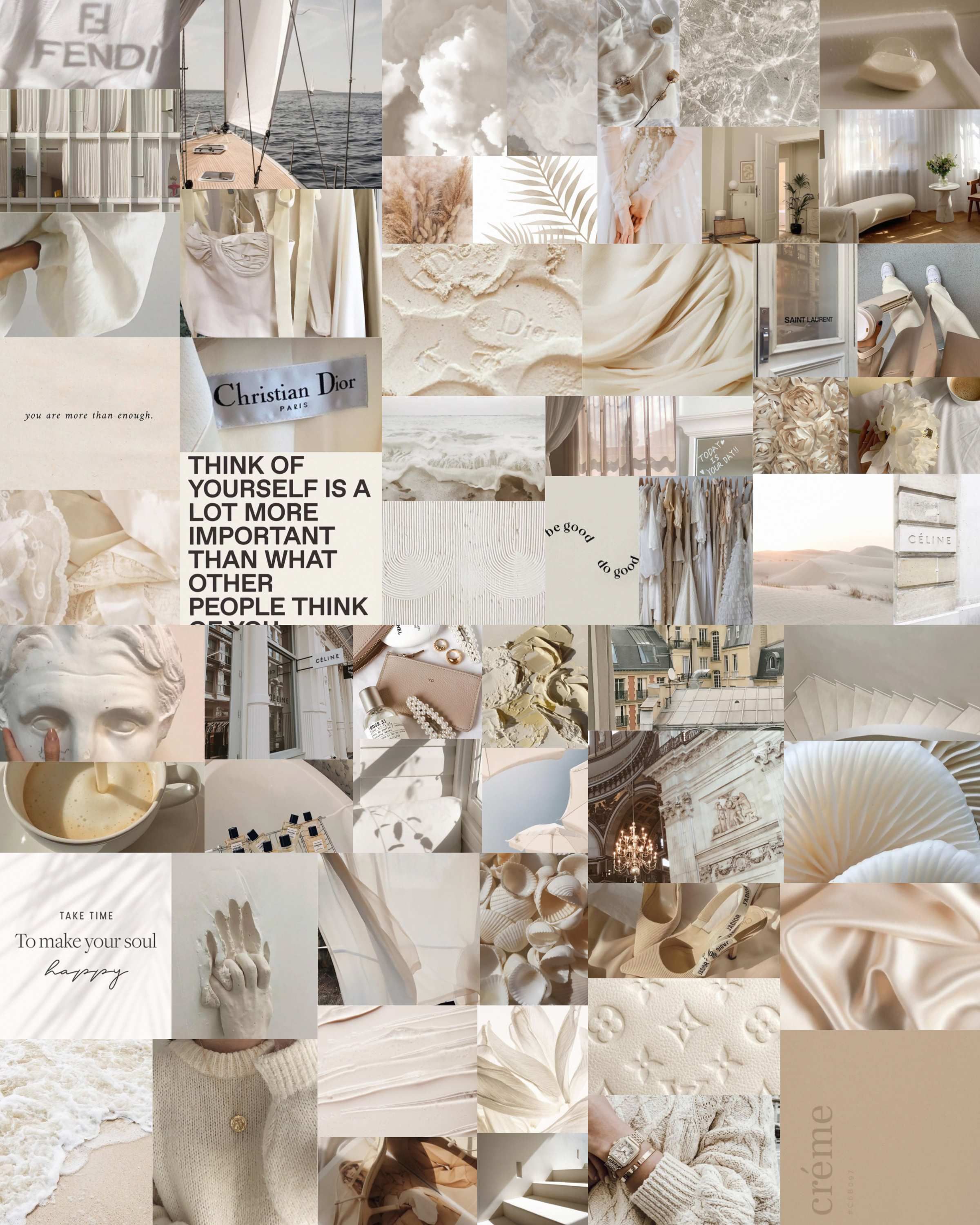 Aesthetic collage, neutral colors, beige, white, gold, cream, and dusty pink. - Collage
