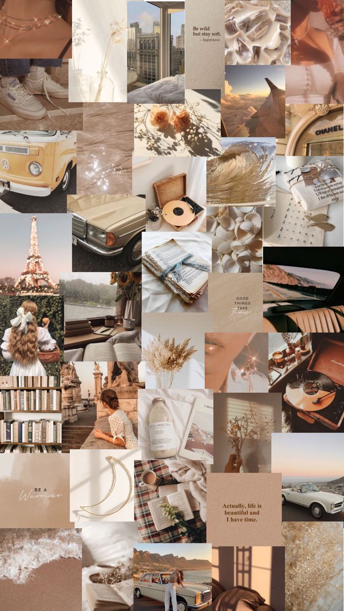 A collage of photos in beige and brown tones. - Collage