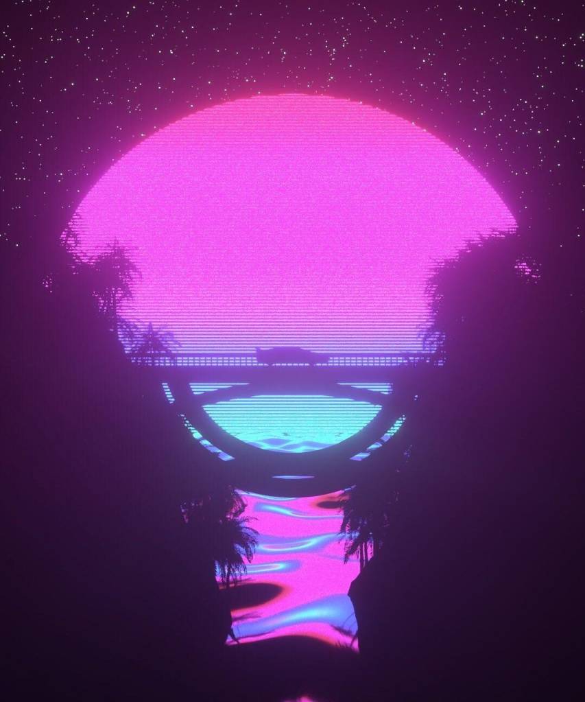 The sunset over a river in neon colors - Neon purple